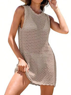 Black Crochet Backless Beach Cover-Up Dress with Hollow-Out Knit Design, Sleeveless Silhouette and Mini Length