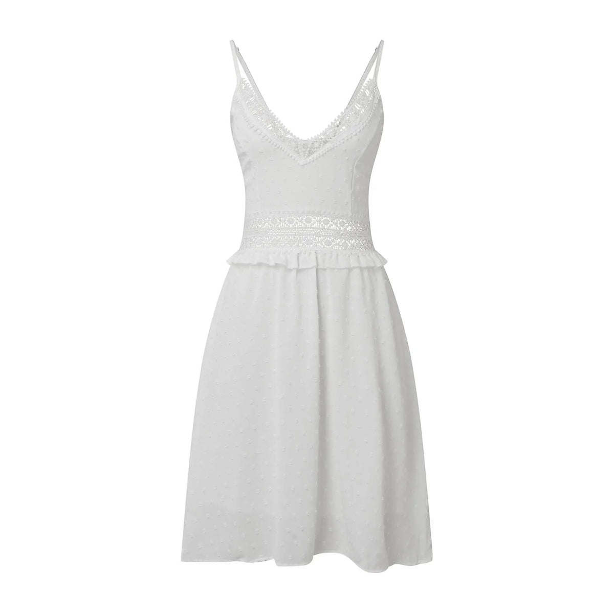 Sleeveless V-Neck Mini Dress with Lace Trim and Adjustable Straps