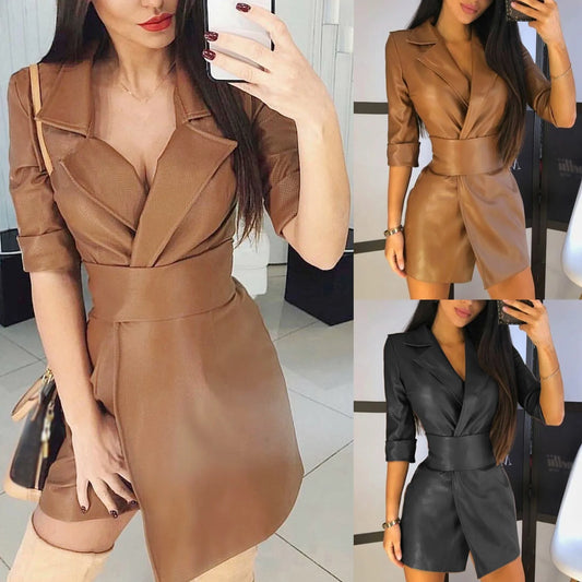 Faux Leather Wrap Mini Dress with Long Sleeves and Tailored Fit