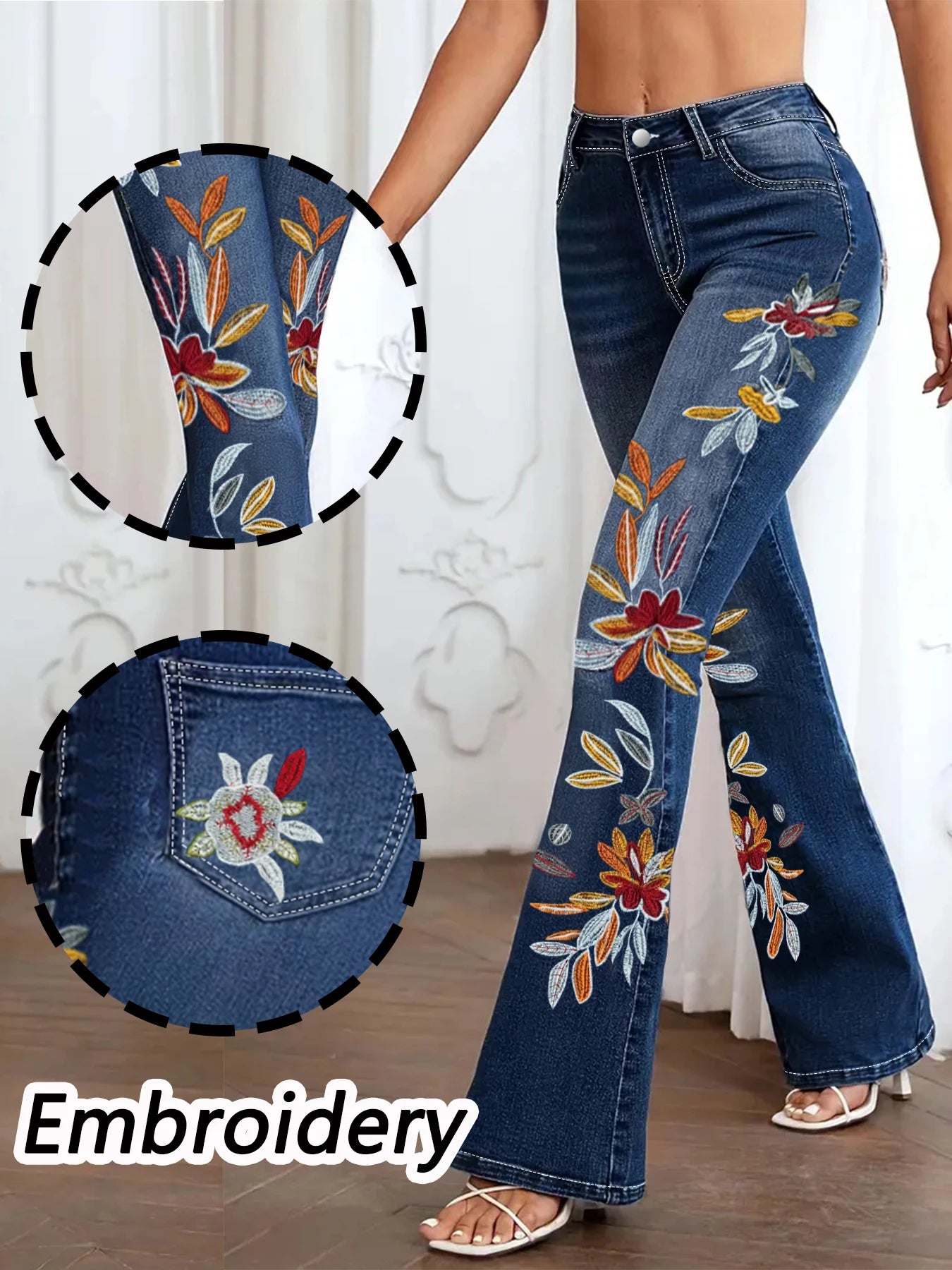 Women's Mid-Rise Floral Embroidered Flare Denim Jeans with Stretch Vintage-Inspired Wide-Leg Silhouette