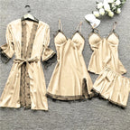Women's Satin-Look Lace Lingerie Nightgown Set with Matching Robe, Sleeveless Mini Dress and Decorative Garter-Style Detail