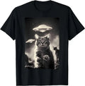 Retro Alien Cat Graphic Cotton T-Shirt with Playful Streetwear Artwork