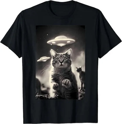 Retro Alien Cat Graphic Cotton T-Shirt with Playful Streetwear Artwork