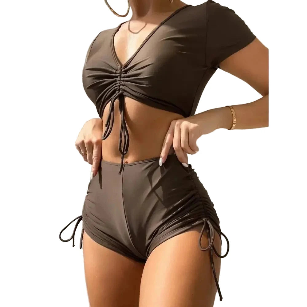 Brown High-Waisted Two-Piece Swim Set with Ruched Short-Sleeve Top