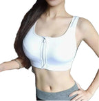 White Athletic Front-Zip Sports Bra with Contrast Black Trim and Scoop Neckline