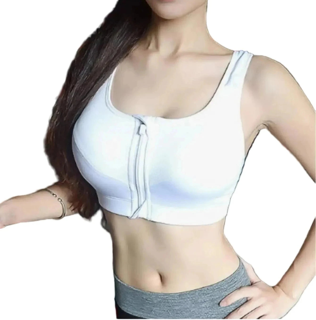 White Athletic Front-Zip Sports Bra with Contrast Black Trim and Scoop Neckline