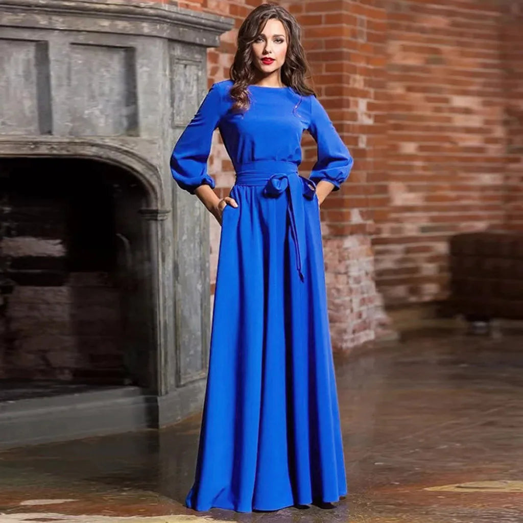 Long Sleeve A-Line Maxi Dress with Defined Waist and Flowing Silhouette