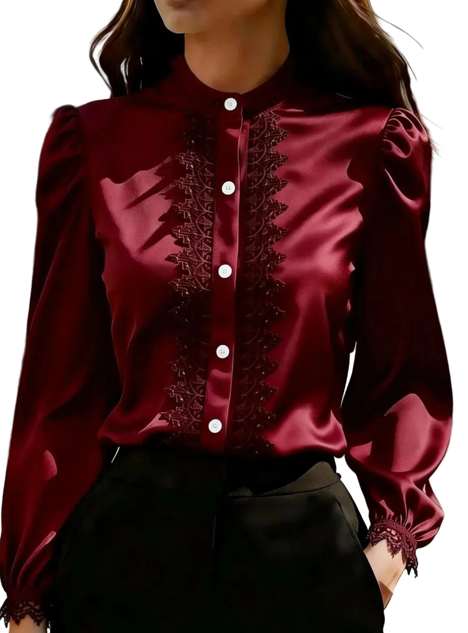 Lustrous Burgundy Satin-Finish Blouse with Stand Collar and Lace Trim Placket