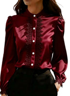 Lustrous Burgundy Satin-Finish Blouse with Stand Collar and Lace Trim Placket
