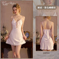Champagne Satin-Finish Slip Dress with Plunging Lace-Up Neckline and Ruffled Trim