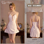 Champagne Satin-Finish Slip Dress with Plunging Lace-Up Neckline and Ruffled Trim