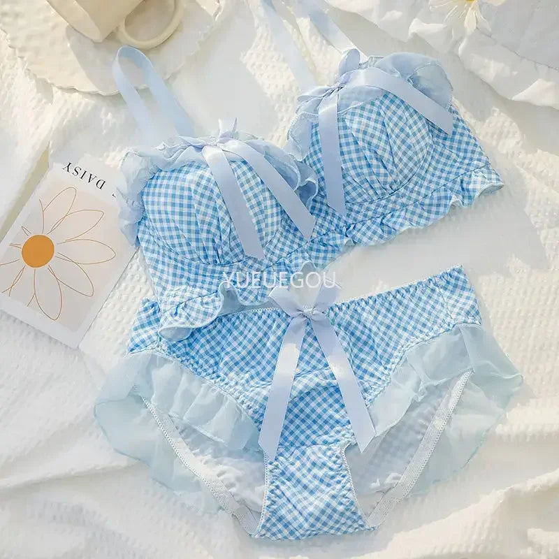 Playful Black and White Polka Dot Wire-Free Ruffled Bra Set