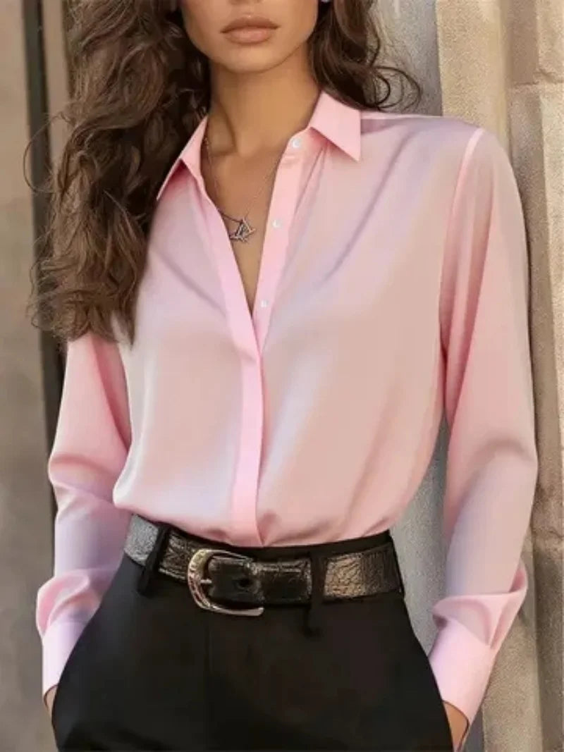 Elegant Navy Blue Button-Down Blouse with Polished Finish and Classic Collar