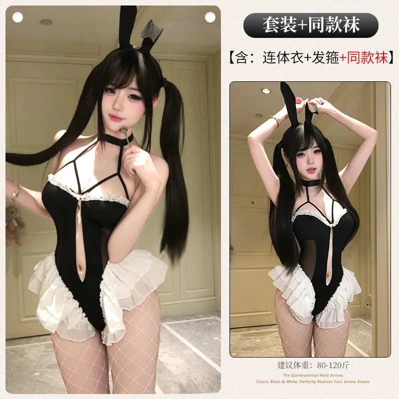Playful Black Halter Bodysuit with Dramatic White Ruffles and Bunny Ear Accessories