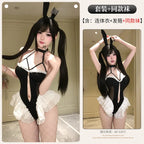 Playful Black Halter Bodysuit with Dramatic White Ruffles and Bunny Ear Accessories