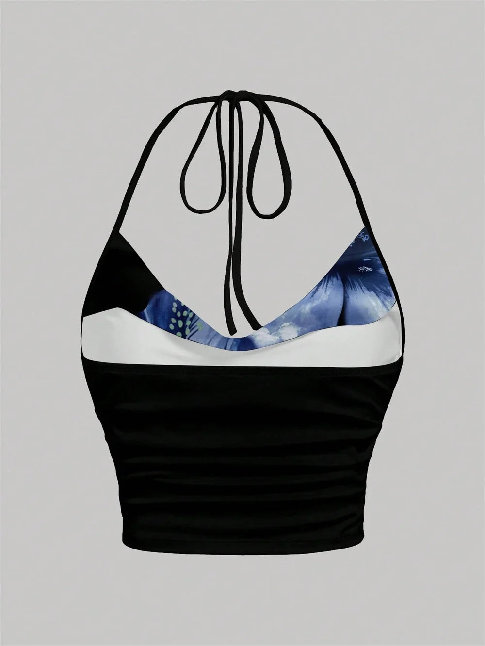 Floral Print Halter Crop Top with Open Back Ruched Streetwear Style