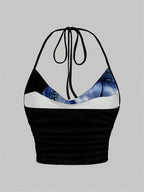Floral Print Halter Crop Top with Open Back Ruched Streetwear Style
