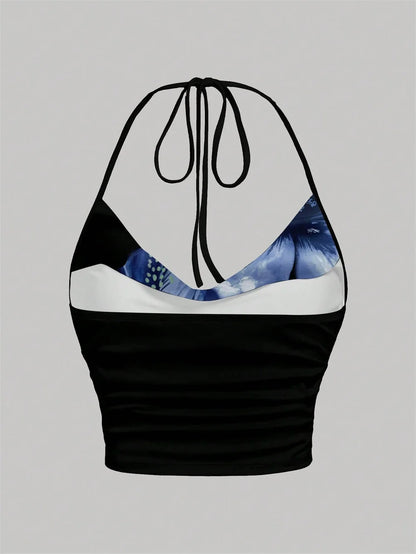 Floral Print Halter Crop Top with Open Back Ruched Streetwear Style