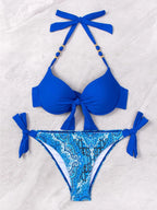Neon Green Underwire Halter Bikini with Printed Side-Tie Bottom