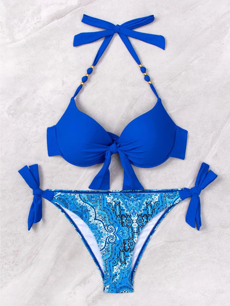 Neon Green Underwire Halter Bikini with Printed Side-Tie Bottom