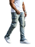 Men's Vintage Wash Flared Denim Jeans with Distressed Details and Zip Hem Design