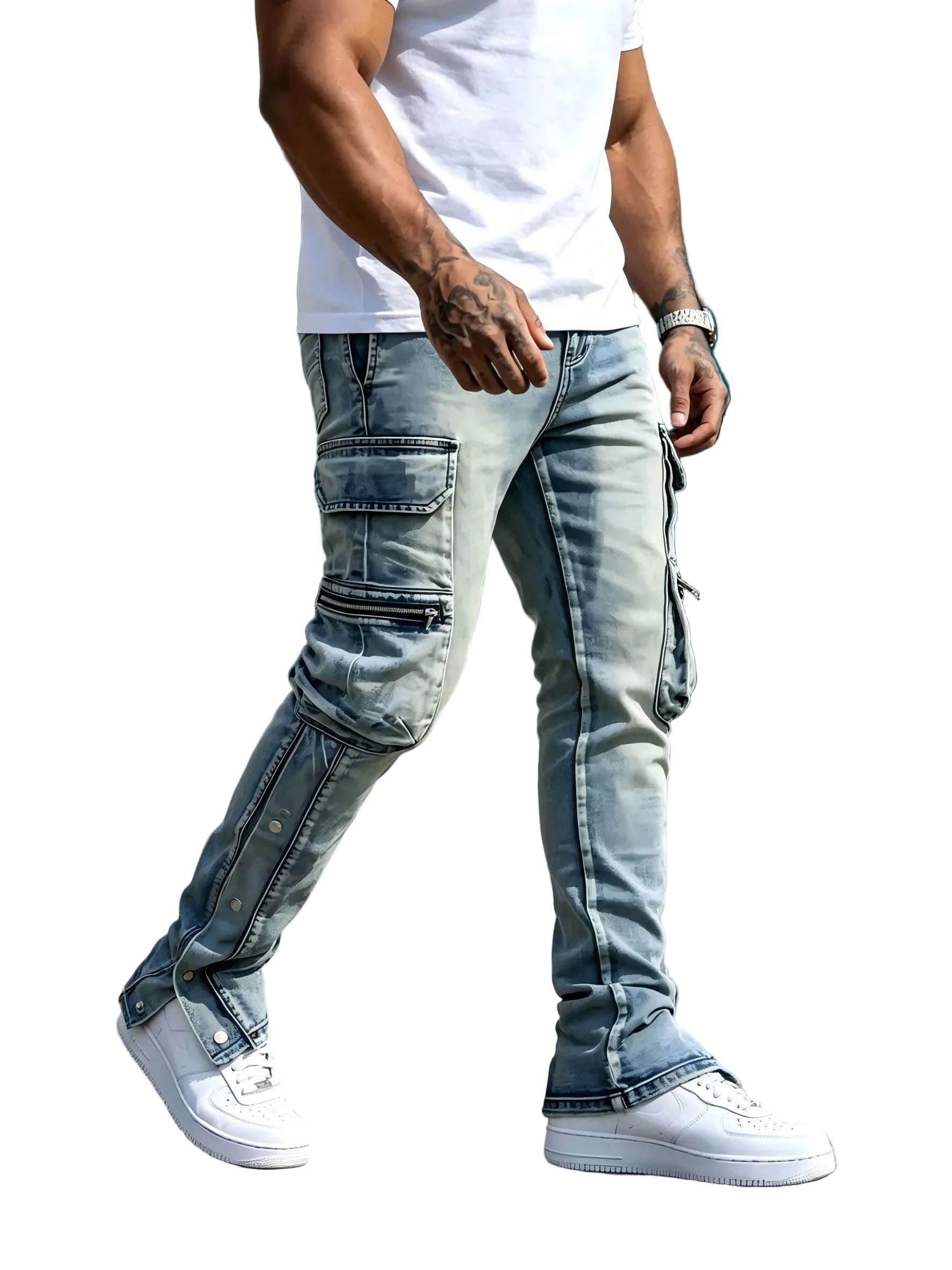 Men's Vintage Wash Flared Denim Jeans with Distressed Details and Zip Hem Design