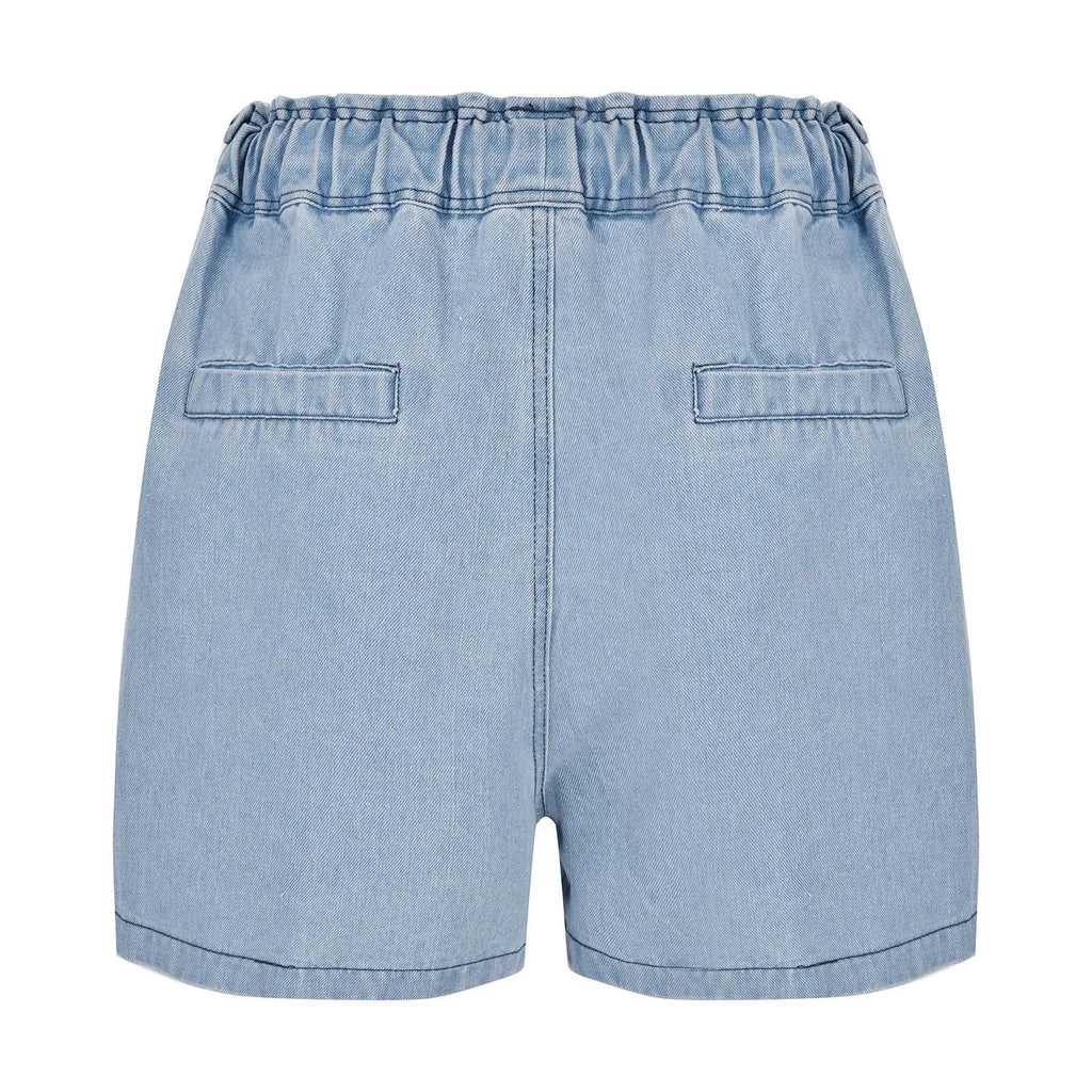 Women's High Waist Denim Style Shorts with Drawstring Waist and Decorative Stud Pocket Details