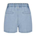 Women's High Waist Denim Style Shorts with Drawstring Waist and Decorative Stud Pocket Details
