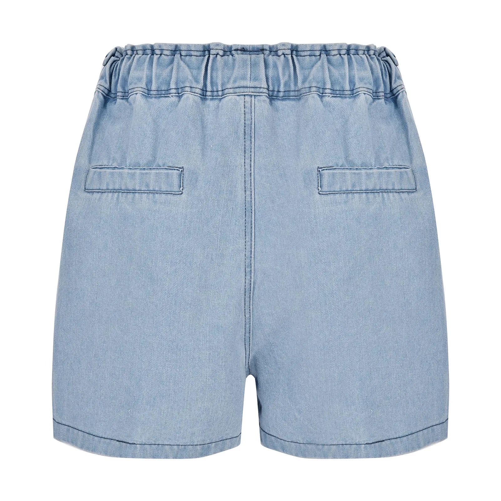 Women's High Waist Denim Style Shorts with Drawstring Waist and Decorative Stud Pocket Details