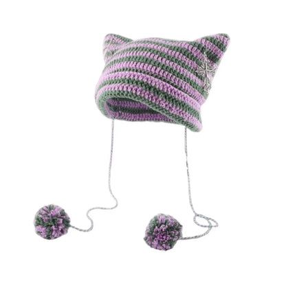 Striped Pointed Knit Beanie with Ear Accents for Playful Streetwear Winter Fashion Style