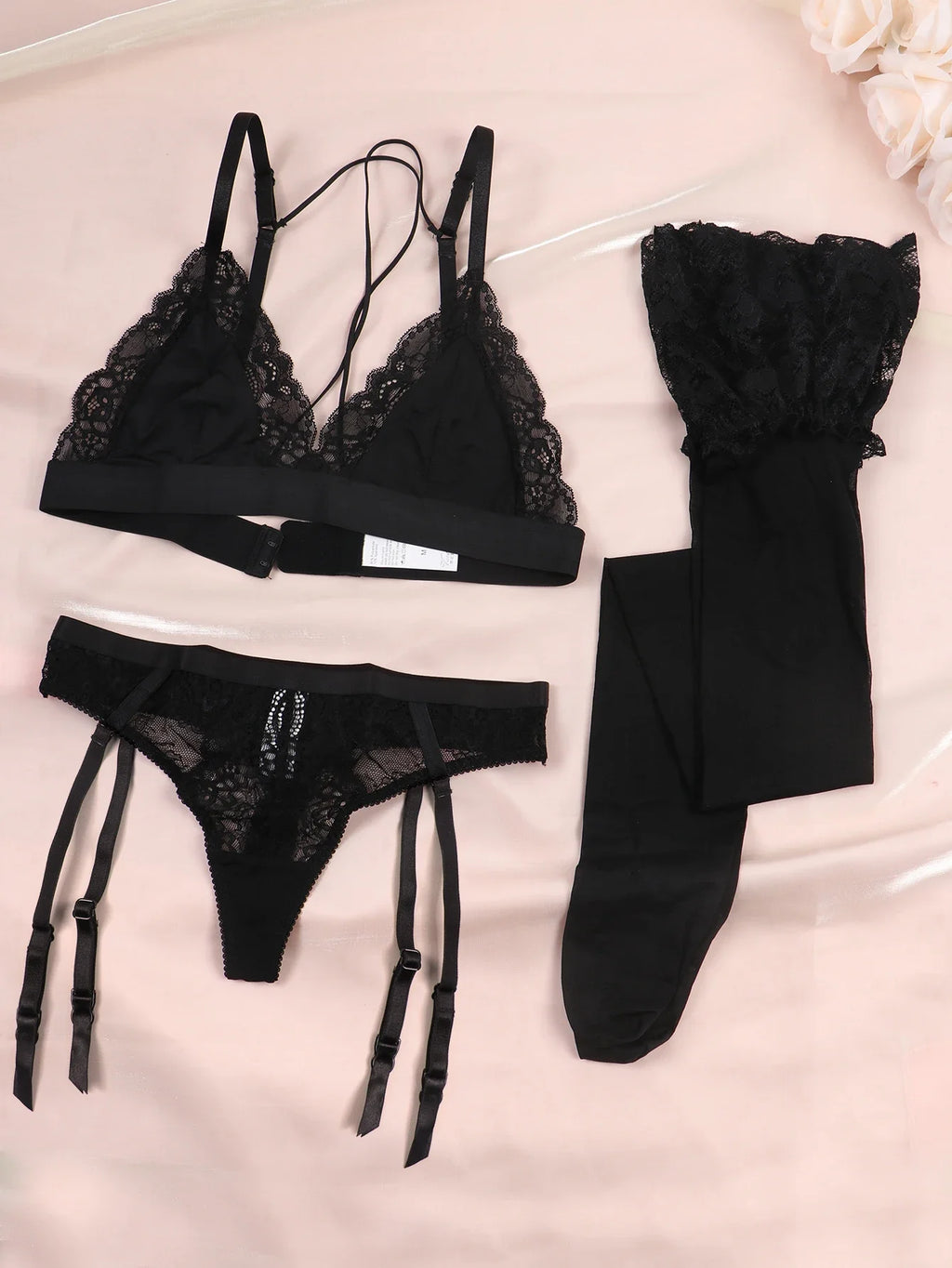 Romantic Red Floral Lace Bralette and Garter Lingerie Set with Matching Stockings