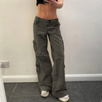 Women's Wide Leg Cargo Denim Jeans with Drawstring Waist and Relaxed Streetwear Fit