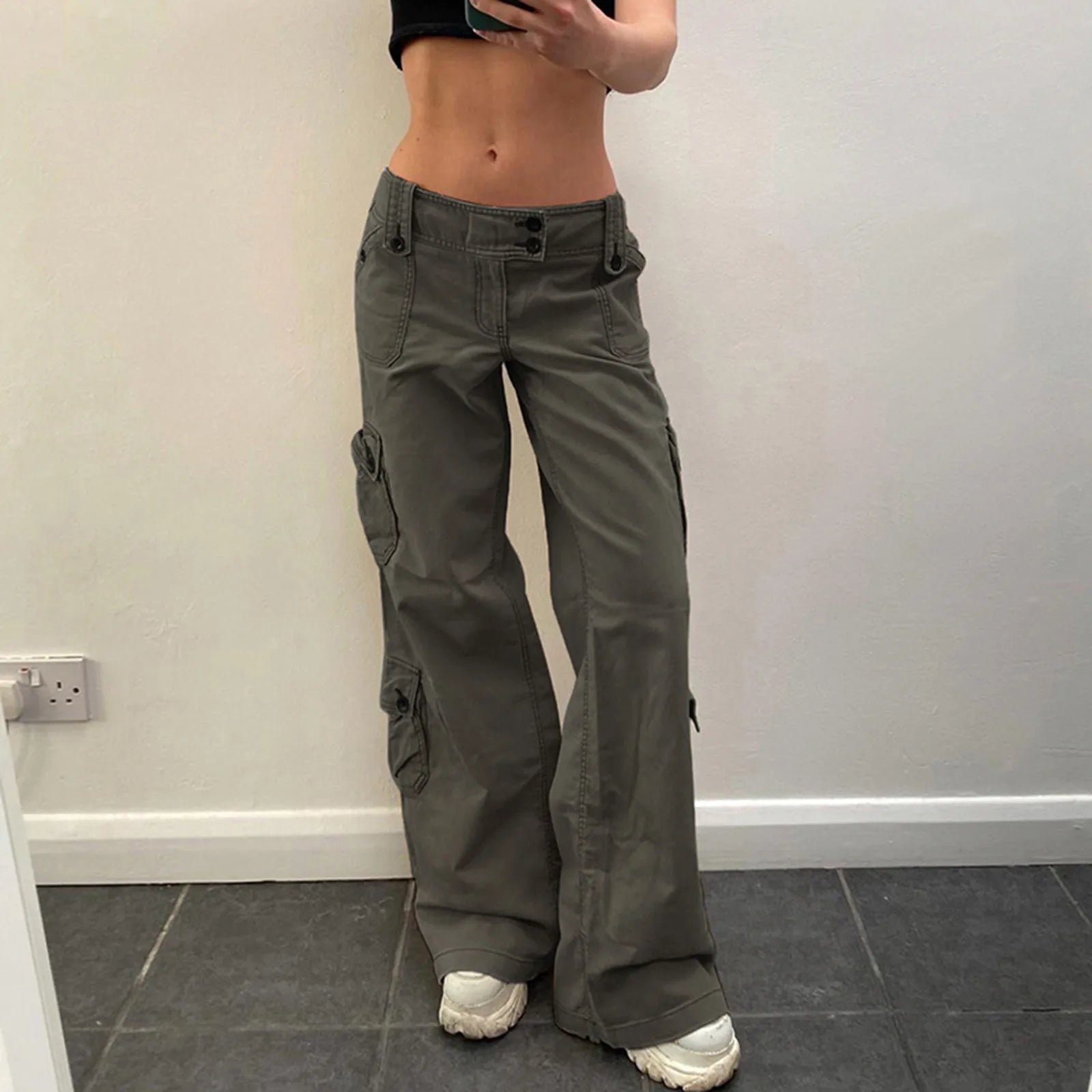 Women's Wide Leg Cargo Denim Jeans with Drawstring Waist and Relaxed Streetwear Fit