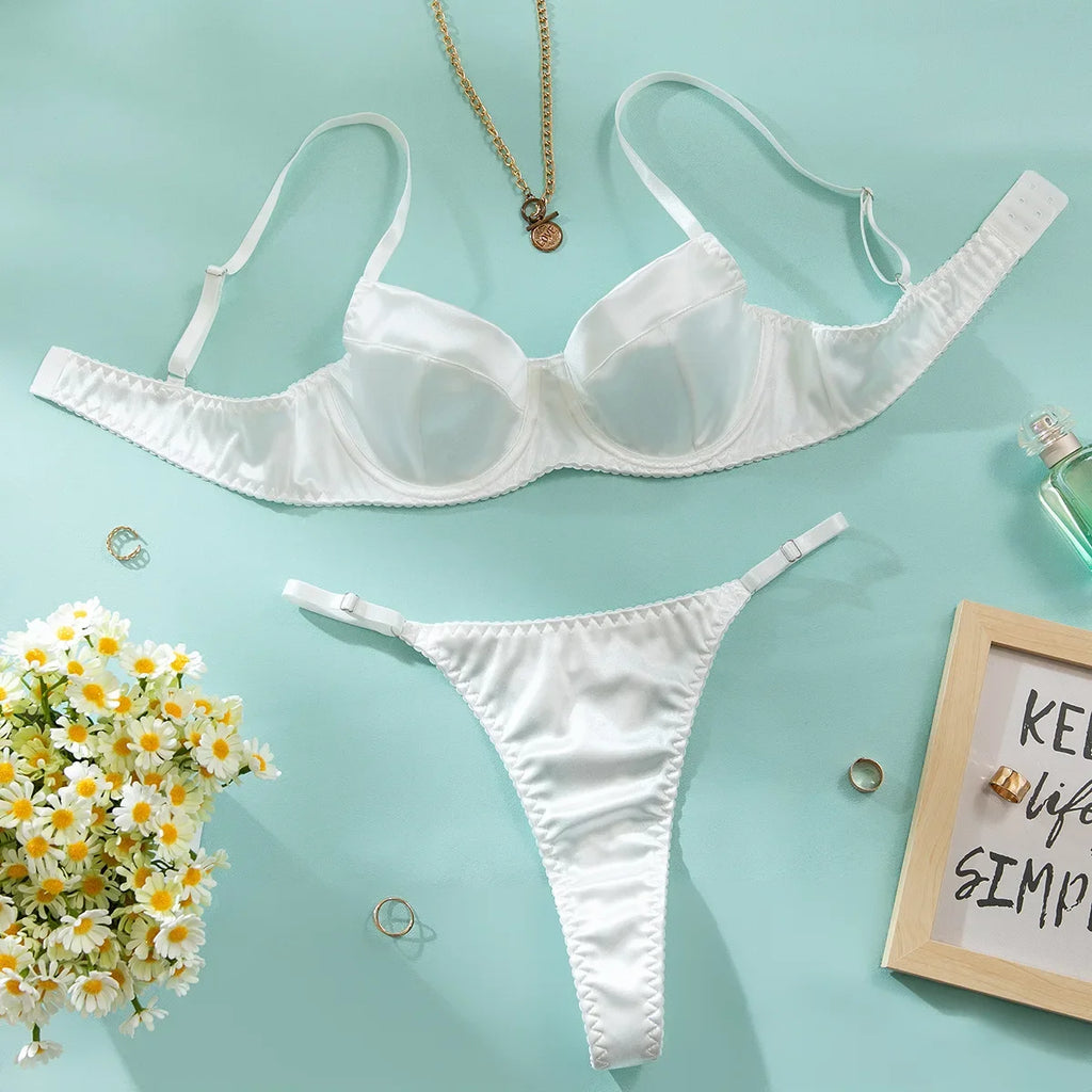 Lustrous Ruched Satin Demi Bra and Minimalist String Thong Set