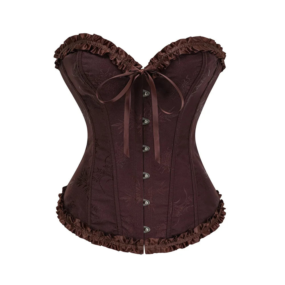 Jacquard Overbust Corset with Ruffled Trim, Structured Boning and Lace-Up Back