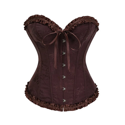 Jacquard Overbust Corset with Ruffled Trim, Structured Boning and Lace-Up Back