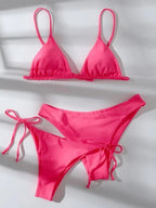 Solid White Three-Piece Triangle Bikini Set with Side-Tie Details