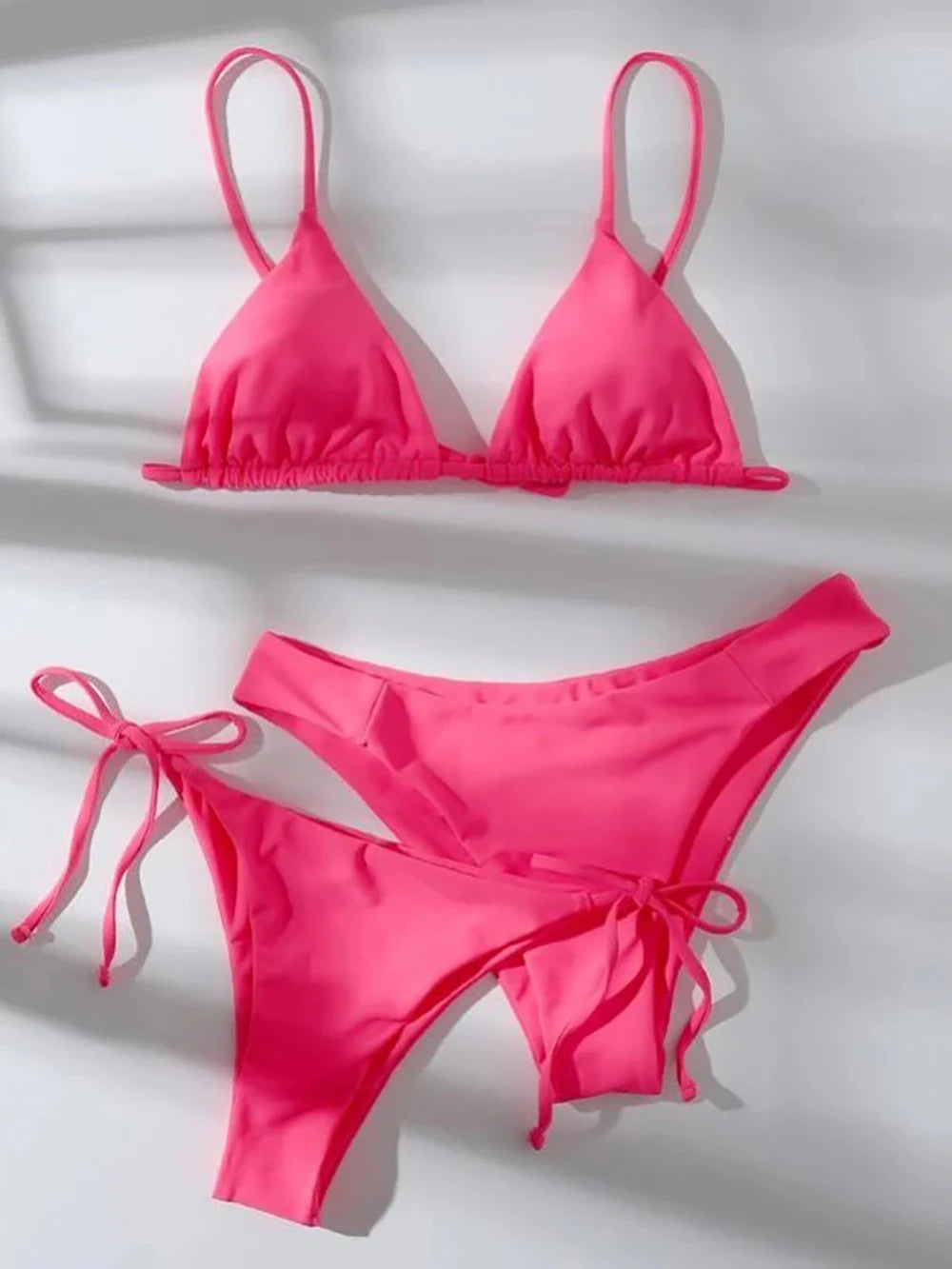 Solid White Three-Piece Triangle Bikini Set with Side-Tie Details