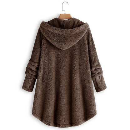 Women's Plush Hooded Teddy Fleece Coat with Button Front for Cozy Winter Layering