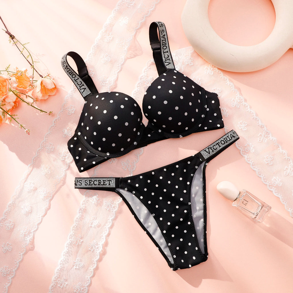 Playful Polka Dot Push-Up Bra and Matching Statement Rhinestone Strap Thong Set