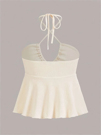 Cross Strap Halter Backless Crop Top with Flared Hem Contemporary Streetwear Style