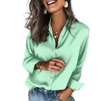 Classic Solid Black Satin-Finish Button-Down Blouse with Straight Silhouette