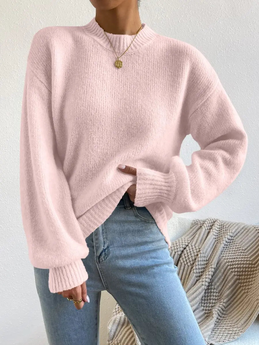 Women's Mock Neck Drop Shoulder Knit Sweater with Relaxed Oversized Silhouette