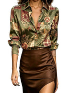 Earthy Floral and Plaid Patchwork Satin Blouse with Turn-Down Lapel Collar