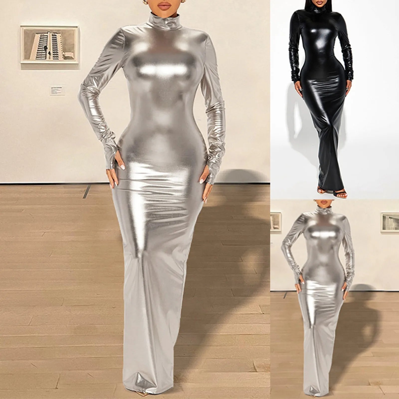 Shimmer Bodycon Maxi Dress with Open Back and Long Sleeves