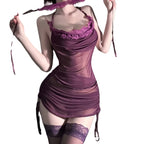 Sheer Plum Mesh Halter Chemise with Lace Trim and Ruched Side Ties