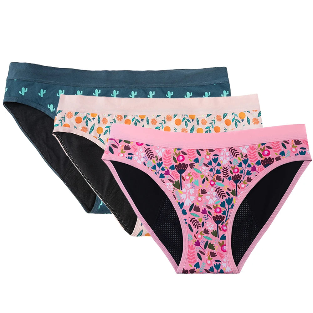 Three-Piece Floral Print Menstrual Brief Set with Contrast Waistbands