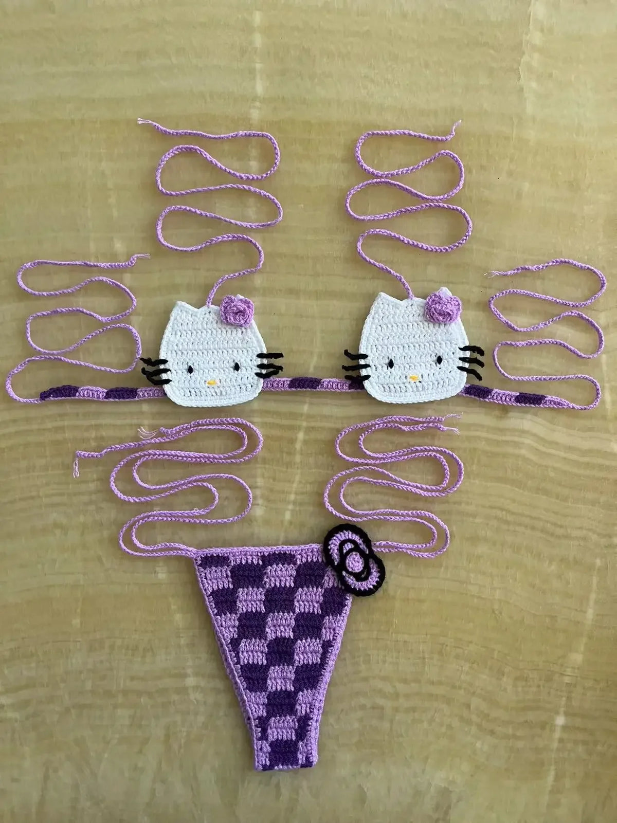 Hand-Crafted Crochet Halter Bikini Set with Whimsical Feline and Checkerboard Details