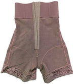 High-Waisted Mid-Thigh Shaping Shorts with Center Closure and Floral Lace Hem