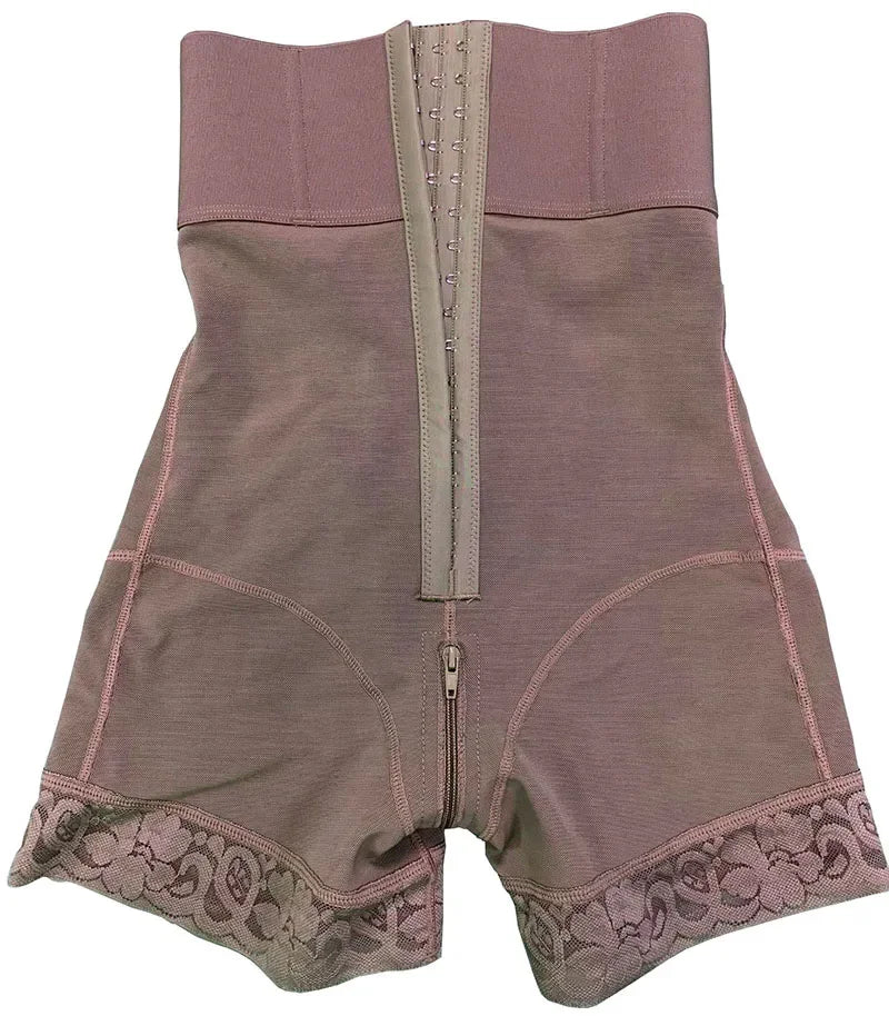 High-Waisted Mid-Thigh Shaping Shorts with Center Closure and Floral Lace Hem